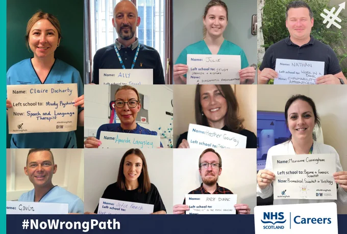 Collage of ten NHS workers holding the #NoWrongPath sign with their NHS journey.