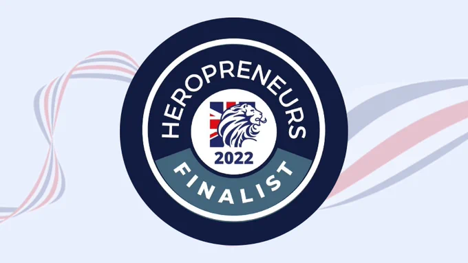Circle logo with a lion and Union Jack in the centre. Text: Heropreneurs Finalist 2022