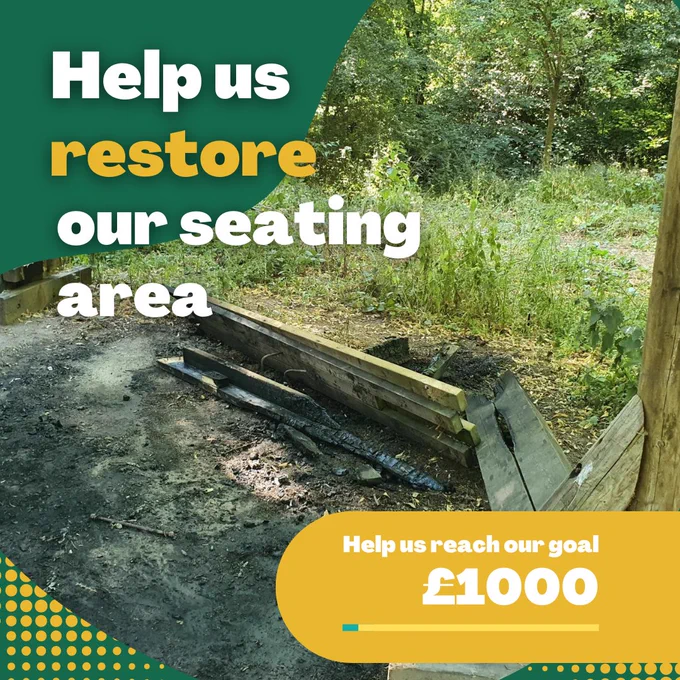 
[Image description: A picture of a burned and damaged seating area with the boards of the seats in a sorry looking pile on the floor. Text reads "Help us restore our seating area. Help us reach our goal £1000"]