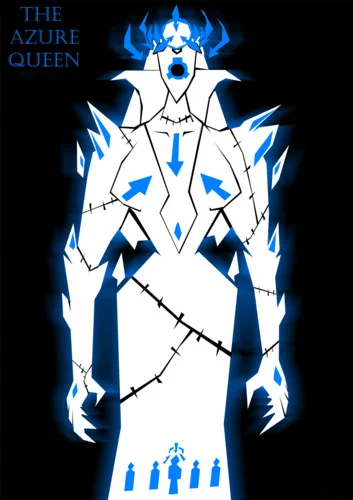 A large humanoid and feminine figure. Various spiky protrusions are emerging from the entity; furthermore, arrows are present on various parts of its body. It has a blue grown, which is in the shape of the Foundation symbol, and an eye which is similarly in the logo's shape. At its base, five Foundation employees stand. The words "THE AZURE QUEEN" are written in blue on the top left of the image. 

Caption reads, "You see her now, don't you?"