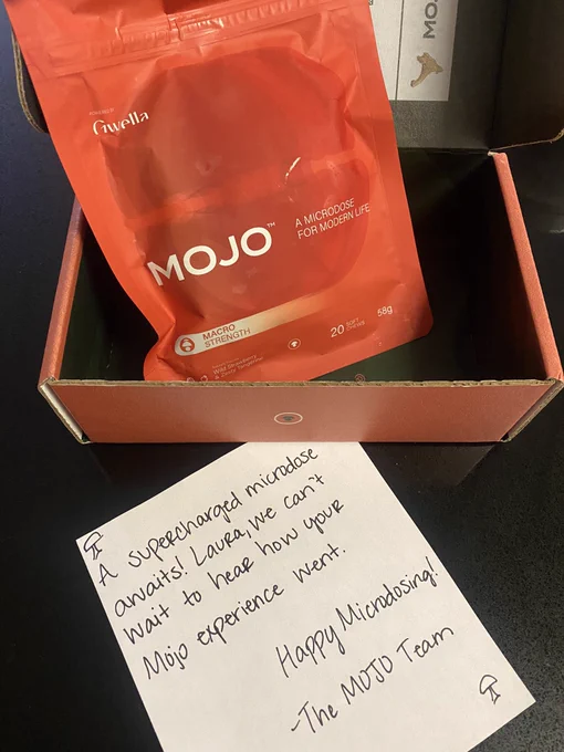 Micro dose mushroom gummies from Mojo with a personalized note.