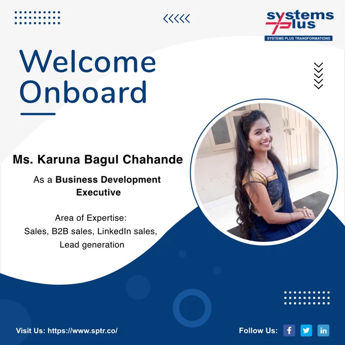 Congratulations Ms. Karuna Bagule Chahande on being a part of our dynamic team!

Systems Plus Transformations family welcomes you and we hope to have a long and successful journey together.

Welcome aboard!

#NewJoiners #Employees #Jobs #WorkForceSPTR #TeamSPTR #SystemsPlusTransformations

