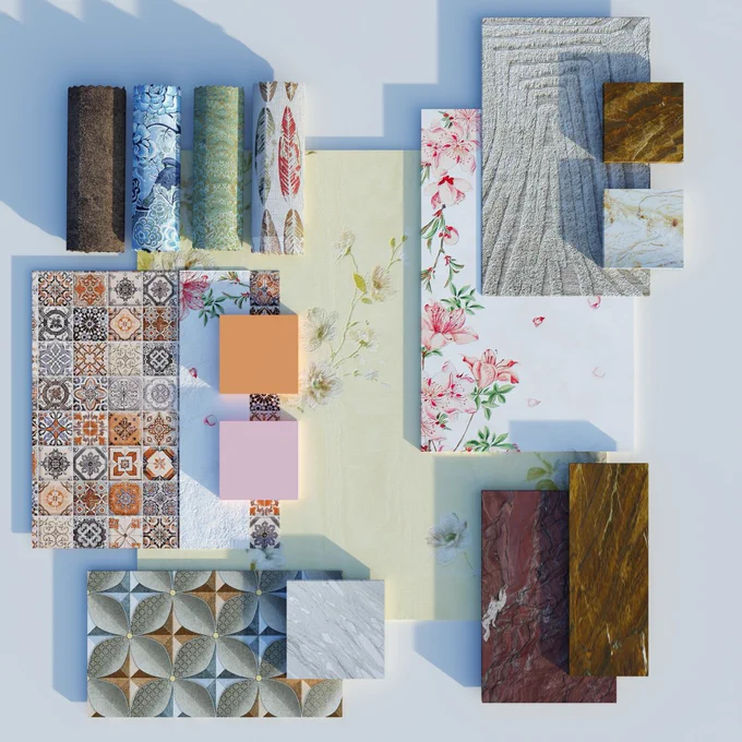 Our Hibiscus palette is a mix of olden days with a floral aura. Drawing parallels to the flower itself, the intricate design of the tile is similar to that of pollen grains, another with the print inspired by the very petals. The dark brown marble grounds the theme with a sense of completion. The décor is best suited for bedrooms and study spaces.

On material depot, find more than 2.5 lakh materials and textures to choose from. Sign up now.
materialdepot.in

#materialdepot #architecture #interiordesign #architecturedesign #inspiration #work #bestoftheday #motivation #materialpalette #archdaily #palette #indianarchitects #architecturaldesign #architectsofindia #archinspiration #indianarchitects #buildingmaterial #lifeofanarchitect #moodboards #materialpalette #materialboard #architectsofinstagram #designersofinstagram #designersoginsta #architectsofinsta #architectsofinstagram #flowers #plants #hibiscus