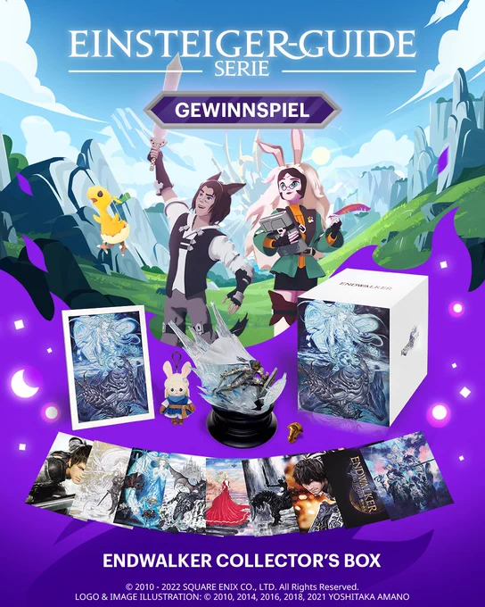 Ein Banner mit dem Titel: Einsteiger-Guide Serie, Gewinnspiel. In der Bildmitte sind zwei Charaktere zu sehen; eine Viera als Gelehrte mit Buch und Federkiel sowie ein Miqo’te als Gladiator mit erhobenem Schwert in der Hand. Unter ihnen sind die Inhalte der Endwalker Collector's Box abgebildet, darunter: Ein Set aus Kunstdrucken und Rahmen, ein Plüsch-Loporrit, eine Paladin-Figur, ein Azem-Anstecker und die Endwalker Special Art Box.