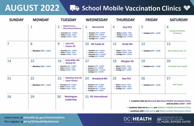 August calendar for the School Mobile Vaccination Clinic - visit bit.ly/DCHealthMobileUnit to learn more
