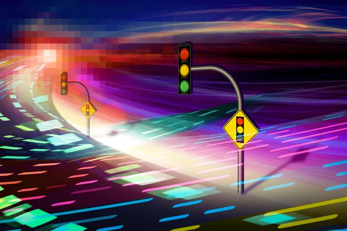 An image created with overlapping roadways and traffic lights.