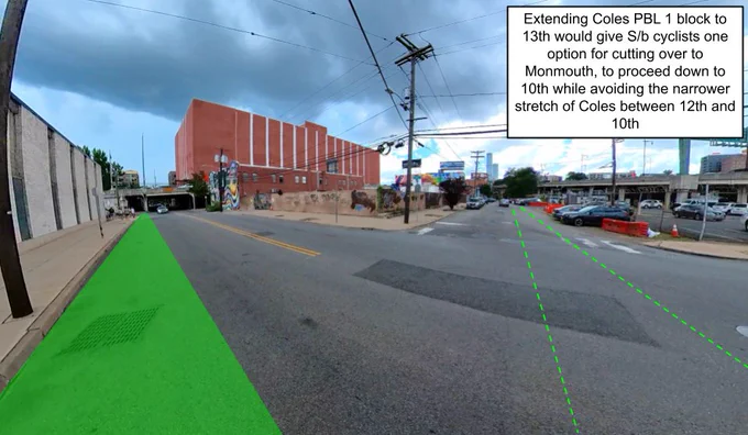 Extending Coles PBL 1 block to 13th would give S/b cyclists one option for cutting over to Monmouth, to proceed down to 10th while avoiding the narrower stretch of Coles between 12th and 10th

