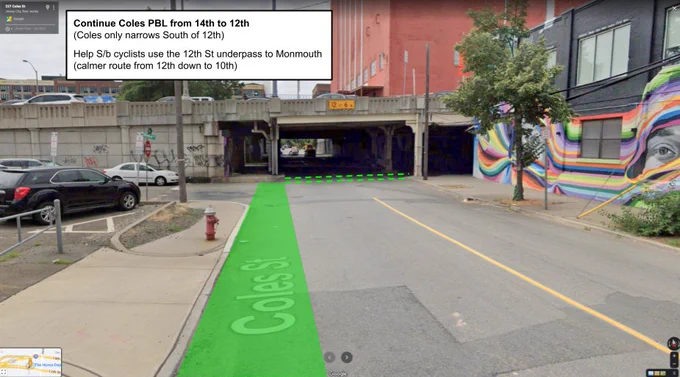 Continue Coles PBL from 14th to 12th 
(Coles only narrows South of 12th)

Help S/b cyclists use the 12th St underpass to Monmouth
(calmer route from 12th down to 10th)