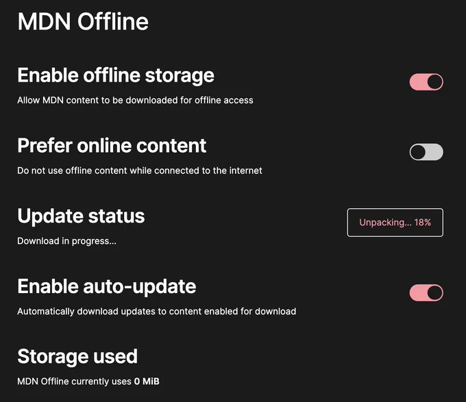 Screenshot of a feature you get with MDN plus where you'll have offline docs, able to browse without internet