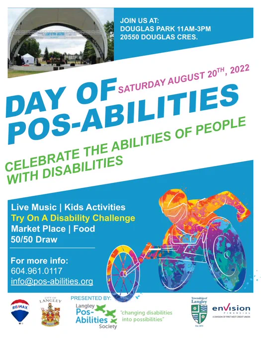 The poster displays event details for Day of Pos-Abilities event to be held on 20th of August, 2022, between 11am-3pm at Douglas Crescent, Langley. The events include live music, kids activities, marketplace, food, 50/50 draw and try on a disability challenge. For more information reach out to info@pos-abilities.org or call 604-961-0117. The event is presented by Langley PosAbilities Society in association with ReMax, City of Langley, Township of Langley and Envision Financial.