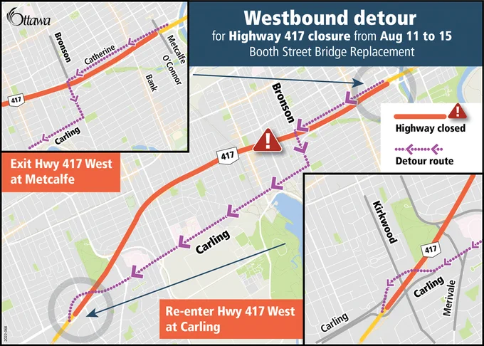 A map providing visual of highway 417 Westbound detour due to Booth street bridge replacement. Visit the link in the post for full details.