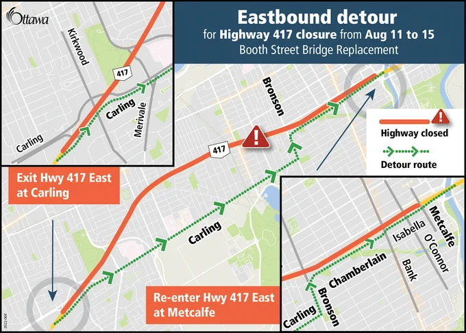 A map providing visual of highway 417 Eastbound detour due to Booth street bridge replacement. Visit the link in the post for full details.