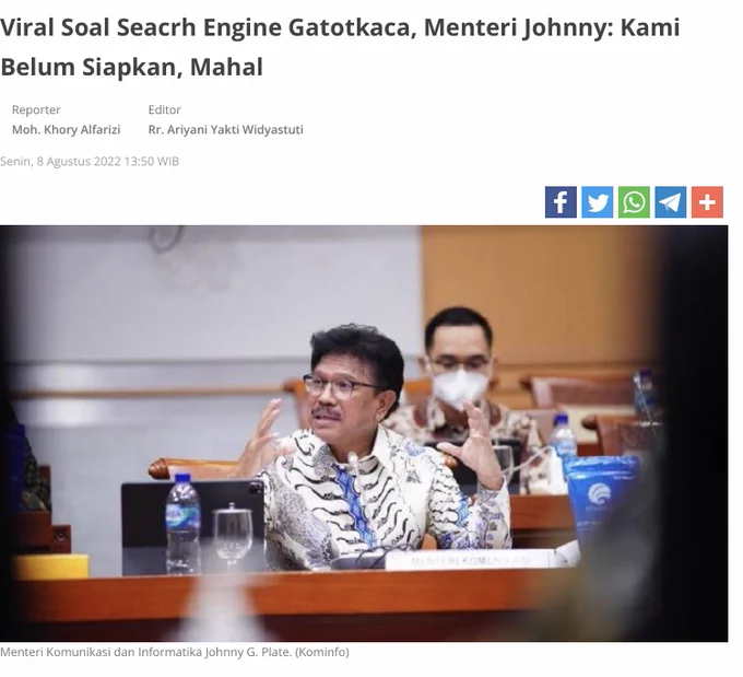 Tempo headline, Monday, 8 August 2022: Viral Soal (Search) Engine Gatotkaca, Menteri Johnny: Kami Belum Siapkan, Mahal