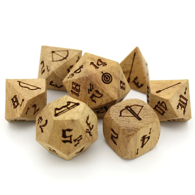 A seven piece set of wooden dice on a white background. The body of the dice is a light wood, and each face of each die is engraved with numbers in a darker brown color. Some faces feature arrows in flight, and the high face of each die has either a bow, a crossbow, or an arrow, except for the 20 on the D20, which is a bullseye. The set is comprised of a traditional triangular D4, a D6, a D8, a D10, a percentile D10, a D12, and a D20. 