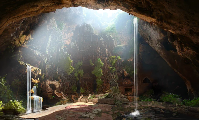 Concept art "Sinkhole Mood" from Strange Brigade - a cavelike space open to the bright sunny sky, filled with small waterfalls and stone features.
