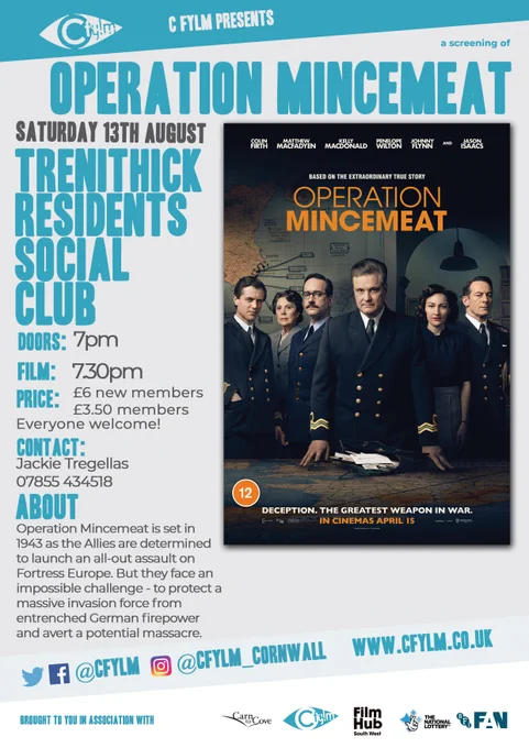 A poster for Operation Mincemeat at Trenithick Residents Social Club. Doors 7pm, film 7.30pm. £6 members, £3.50 members.