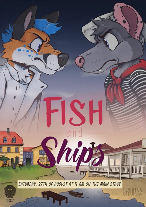 A poster for the theatrical play, two characters looking angrily at each other, despicted above two houses separated by a river. A text "Fish and Ships" superimposed.