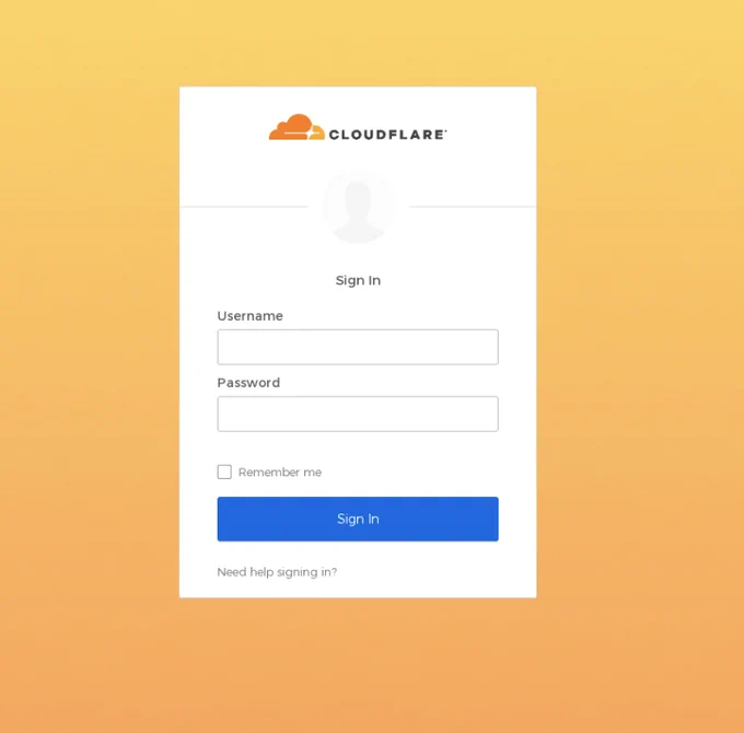 Cloudflare targeted phishing page used in the attack. Orange background customized to Cloudflare with username and password fields that mirrors real login pages.