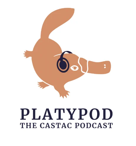Cartoon of an orange platypus wearing navy headphones. Text reads: Platypus: The Castac Podcast