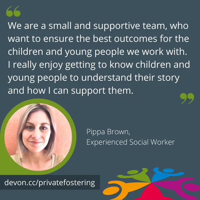 A graphic with a quote from Pippa Brown (Experienced Social Worker) which reads: 'We are a small and supportive team, who want to ensure the best outcomes for the children and young people we work with. I really enjoy getting to know children and young people to understand their story and how I can support them.' Underneath there is a picture of Pippa with a green ring around it.
