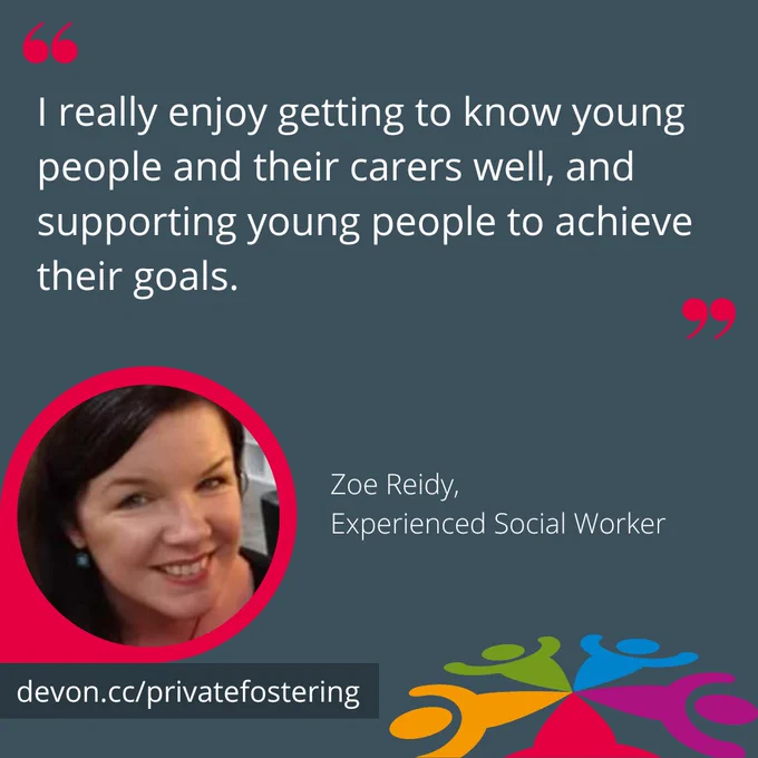 A graphic with a quote from Zoe Reidy (Experienced Social Worker) which reads: 'I really enjoy getting to know young people and their carers well, and support young people to achieve their goals.' Underneath there is a picture of Zoe with a red ring around it.