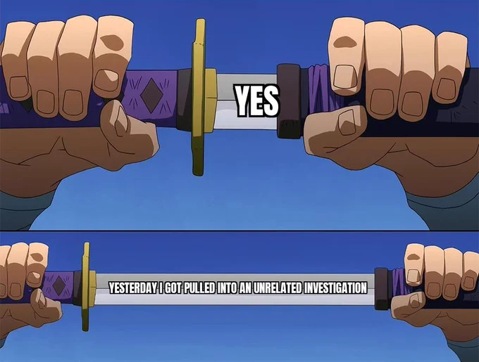 Someone pulling a sword out of a sheath. "Yes" is visible inscribed on the sword. He finishing pulling the sword out. "Yesterday I got pulled into an unrelated investigation" is the full inscription 