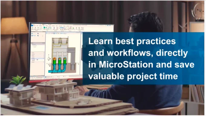 "Learn best practices and workflows, directly in MicroStation and save valuable project time."
Text overlay on photo of man sitting and looking at a computer monitor displaying the interface from the MicroStation software application.