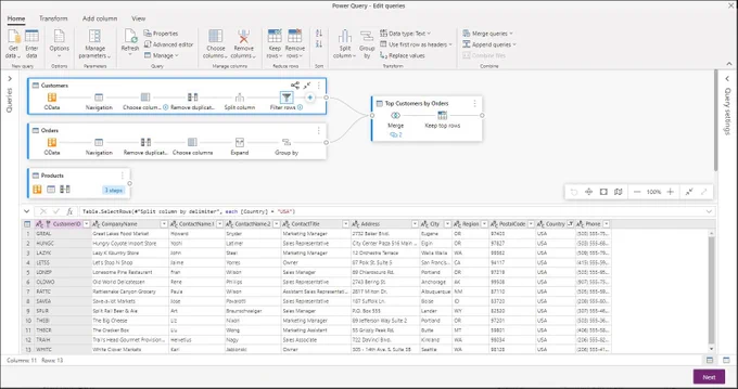 The Power Query Online editor showing the Diagram view enabled and the Data Preview at the bottom