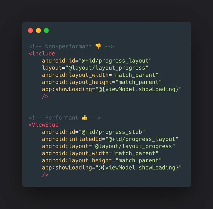 Code snippet of XML showing how to improve layout performance in Android.