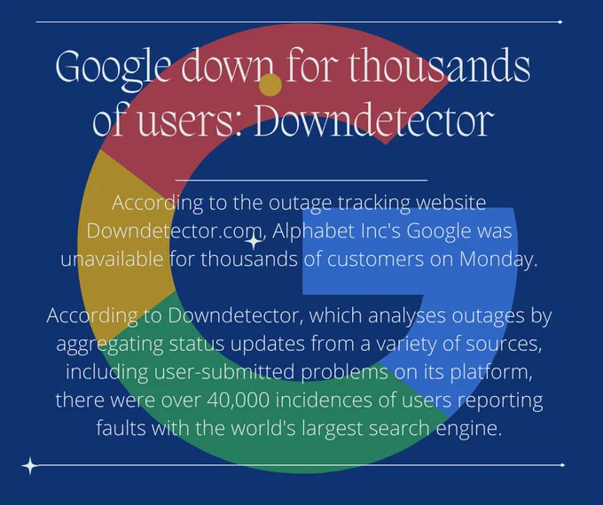 Google down for thousands of users: Down detector

According to the outage tracking website Downdetector.com, Alphabet Inc's Google was unavailable for thousands of customers on Monday.

According to Downdetector, which analyses outages by aggregating status updates from a variety of sources, including user-submitted problems on its platform, there were over 40,000 incidences of users reporting faults with the world's largest search engine.


#google #googledown #downtime #uptime #wordpress #wordpressdeveloper #googlenews