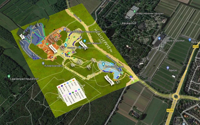 screenshot from Google Earth showing Castlefest 2022 map overlapping on an aerial photo of the Keukenhof, Lisse.