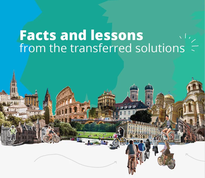 Cover of the Handshake publication 'Facts and Lessons from the transferred solutions'. Below the title are cut-outs of major monuments or buildings from each of the 10 Future Cycling Capitals. 