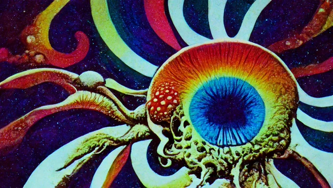 A spiral galaxy-like object that hybridizes brain, eyeball, and fungus
