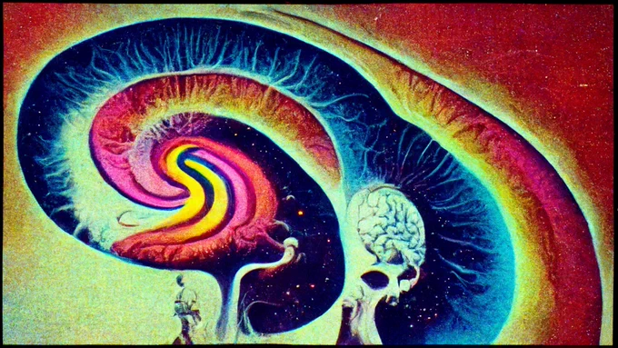 A humanoid like blob looks up at a cross section of a brain-like shape through with a starry night is visible. The shape contains an apparent mushroom and a silhouette-like face with its own brain.
