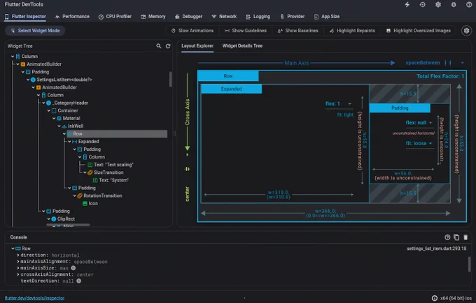Screenshot of Flutter Inspector