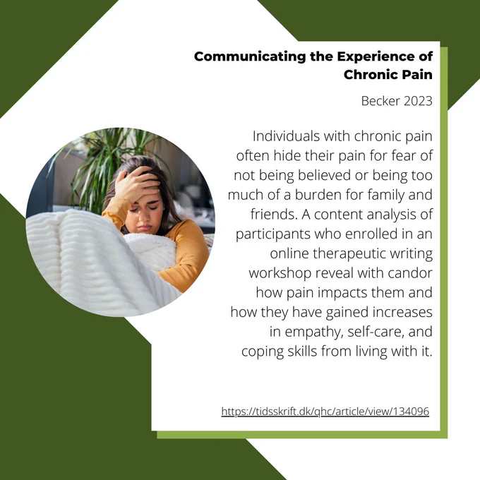 An image with the Qualitative Health Communication logo, an image of a person under a blanket and holding their forehead, and the words "Communicating the Experience of Chronic Pain, Becker 2023, Individuals with chronic pain often hide their pain for fear of not being believed or being too much of a burden for family and friends. A content analysis of participants who enrolled in an online therapeutic writing workshop reveal with candor how pain impacts them and how they have gained increases in empathy, self-care, and coping skills from living with it. https://tidsskrift.dk/qhc/article/view/134096 
