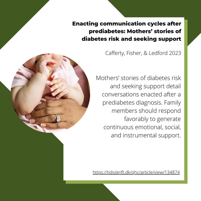 An image with the Qualitative Health Communication logo, an image of a baby being held by an adult, and the words "Enacting communication cycles after prediabetes: Mothers' stories of diabetes risk and seeking support, Cafferty, Fisher, & Ledford 2023

Mothers’ stories of diabetes risk and seeking support detail conversations enacted after a prediabetes diagnosis. Family members should respond favorably to generate continuous emotional, social, and instrumental support.
https://tidsskrift.dk/qhc/article/view/134874