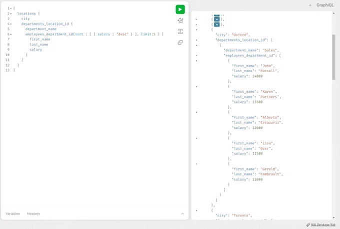 GraphQL query for Oracle - top 5 paid employees per department 

{
  locations {
    city
    departments_location_id {
      department_name
      employees_department_id(sort : [ { salary : "desc" } ], limit:5 ) {
        first_name
        last_name
        salary
      }
    }
  }
}