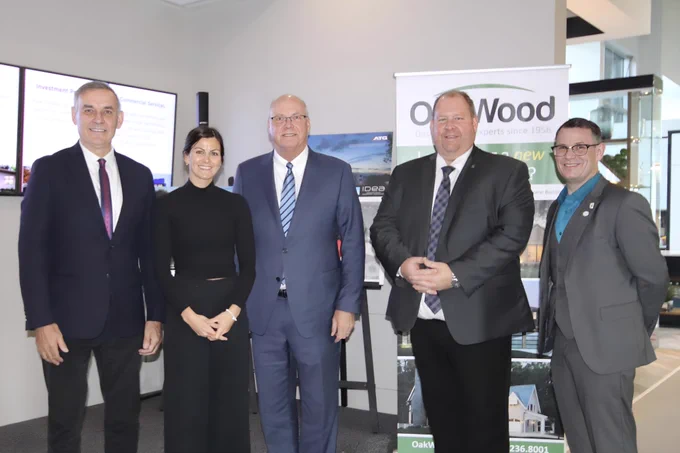 Left to Right: John Liptak - CEO & President Nubuild, OakWood and the Liptak Group. Kelly Kenney - Senior Housing Advisor - Eastern Ontario Region. Hon. Minister Rob Flack - Ontario Associate Minister of Housing. Stéphane Sarrazin - MPP Glengarry-Prescott-Russell. 
Pierre Leroux - Mayor of Russell, Ontario Associate Minister of Housing.
