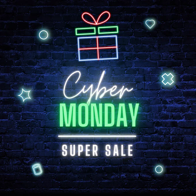 a dark brick wall lit up blue. on the brick wall are the words "Cyber Monday Super Sale" in neon lighted colors. above the words there is a neon present