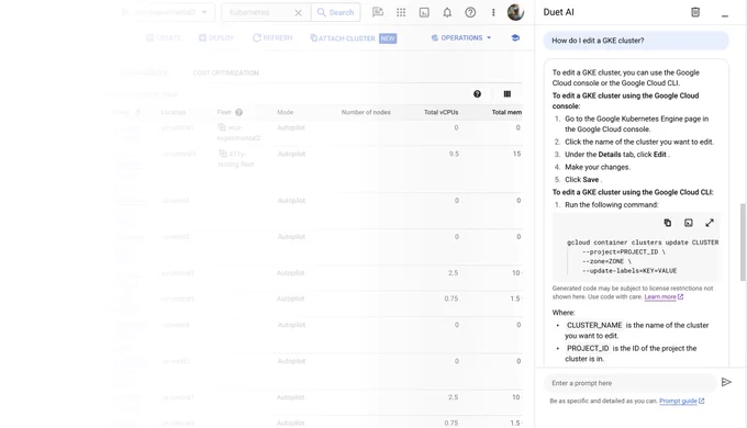 Duet AI chat in the console view.
