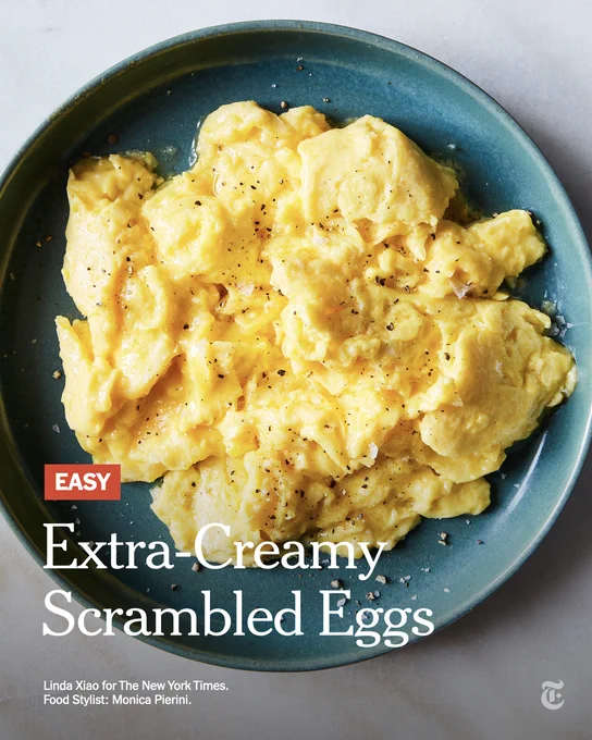 A plate of scrambled eggs with the headline: Easy: Extra-Creamy Scrambled Eggs