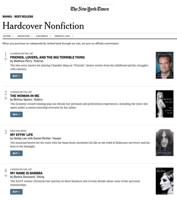 Picture of The New York Times bestseller list showing Geddy Lee's MY EFFIN' LIFE at number 3.