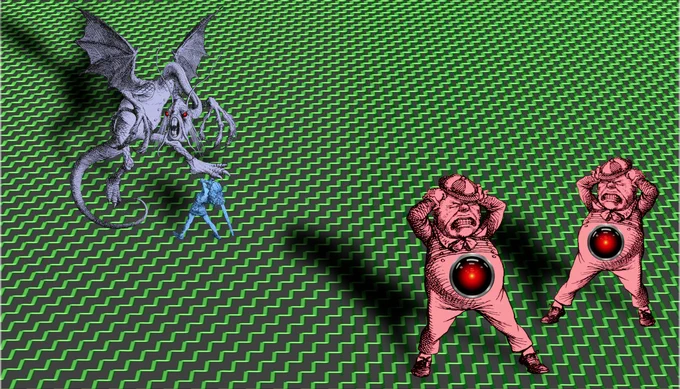 A giant glowing green Cartesian plane, receding into the distance. In the foreground are Tenniel's illustrations of Tweedledee and Tweedledum, pulling their hair in rage. Each has a glowing HAL9000 eye from Kubrick's '2001: A Space Odyssey' on his belly. In the background, Tenniel's Beamish Boy confronts the Jabberwock, whose eyes have also been replaced with HAL9000's eye.


Image:
Cryteria (modified)
https://commons.wikimedia.org/wiki/File:HAL9000.svg

CC BY 3.0
https://creativecommons.org/licenses/by/3.0/deed.en
