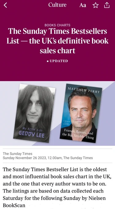 Graphic from The Sunday Times UK bestseller list showing the book cover for Geddy Lee's MY EFFIN' LIFE and Matthew Perry's memoir.