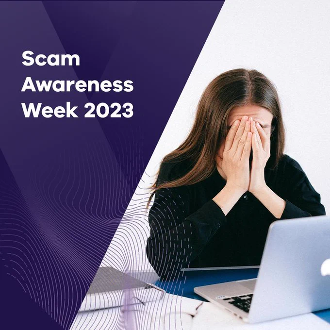 Text reads Scam Awareness Week 2023

A worried woman sits at her desk with her laptop open in front of her.