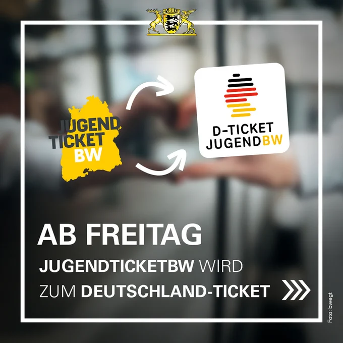 Logo des JugendticketBW wird gegen das D-Ticket JugendBW-Logo getauscht. Text: Ab Freitag. JugendticketBW wird zum Deutschland-Ticket.