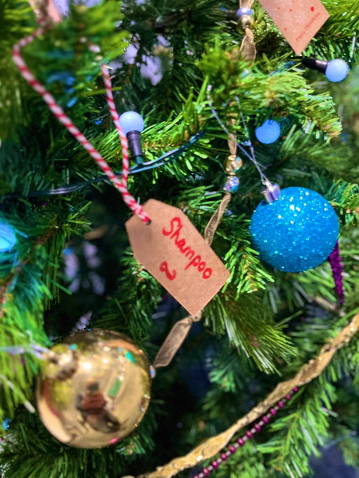 A tag on the tree saying ‘shampoo’