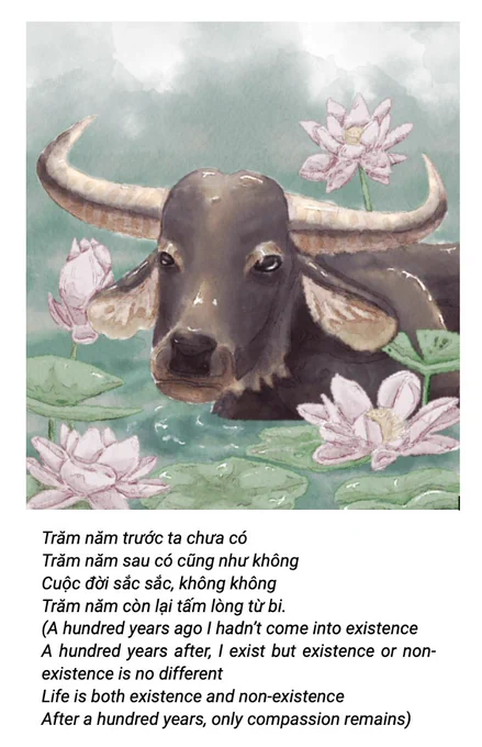 The Lotus and The Water Buffalo by Emma Wong. Poem by Professor Phạm Biểu Tâm.