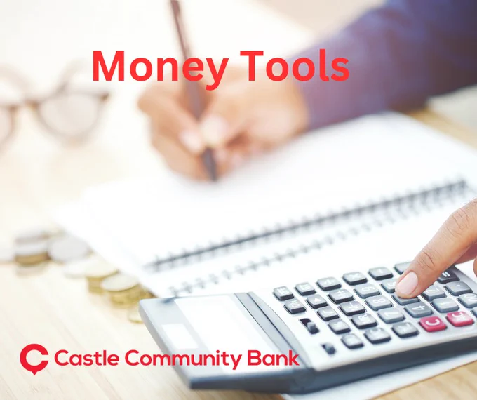Photo shows finger poised over calculator resting on notepad with hand holding pencil poised to make notes. Text reads Money Tools in red and bank logo 